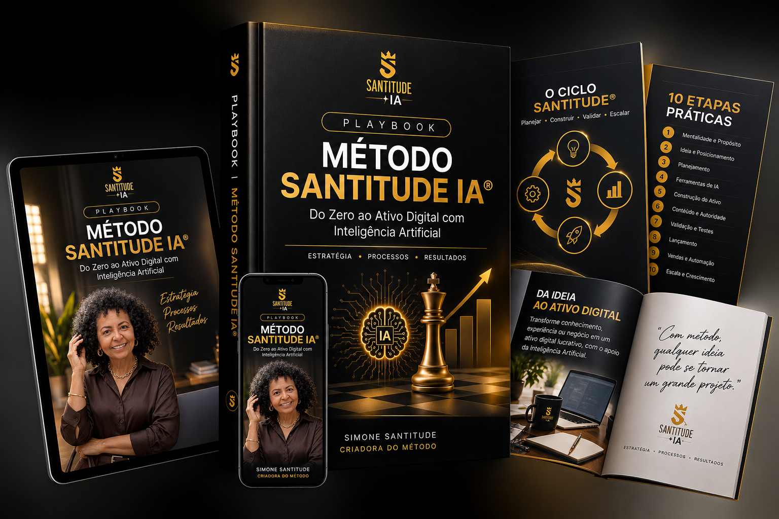 Playbook Método Santitude IA em mockup de livro, tablet e celular